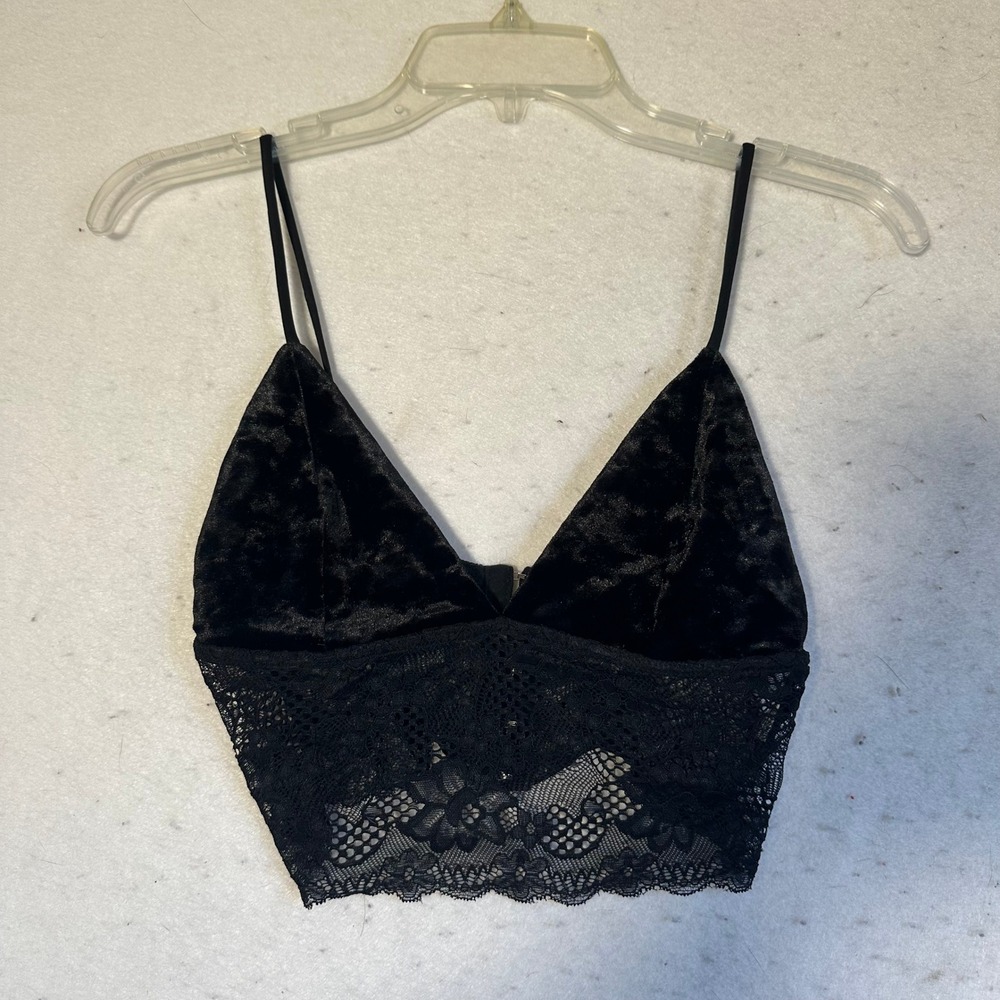 Forever 21 Black Velvet and Lace Bralette Longline Triangle Top Small